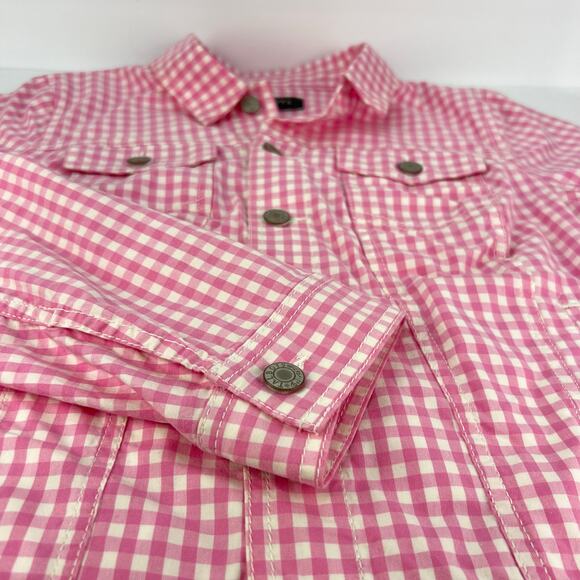 Talbots Medium Womens Gingham Pink White Stretch Cotton Button Front Jean Jacket - Picture 6 of 12